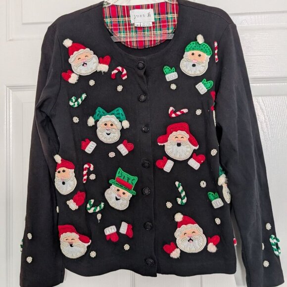 Just B Not So Ugly Christmas Cardigan Womens Size Small Black Beaded Santa - Picture 2 of 11